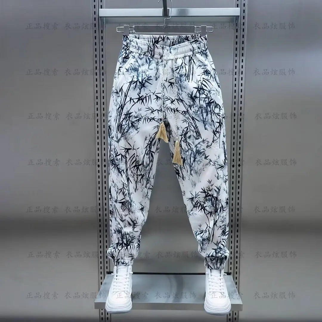 Men Harem Pants Joggers Bamboo Printed Drawstring Trousers Men breathable casual pants 2024 Summer Streetwear Casual Pants