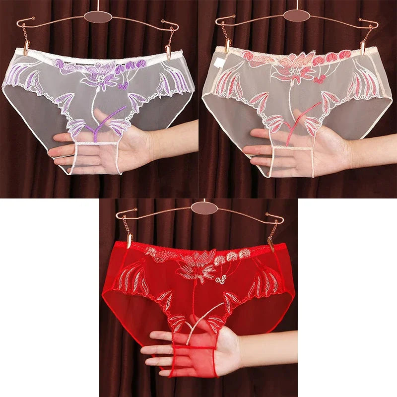 3PCS Solid Full Mesh Sexy Briefs Embroidered Floral Transparent Panties Plus Size Seamless Underwear Low Waist Erotic Lingerie