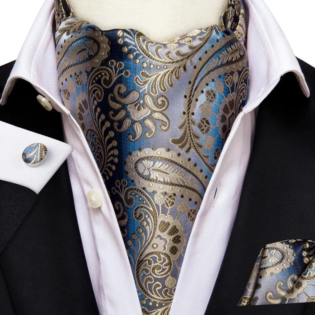 Hi-Tie Mens Ascot Black Pink Blue Red Gold Green Purple White Cravat Tie Hanky Cufflinks for Male Wedding Business Prom