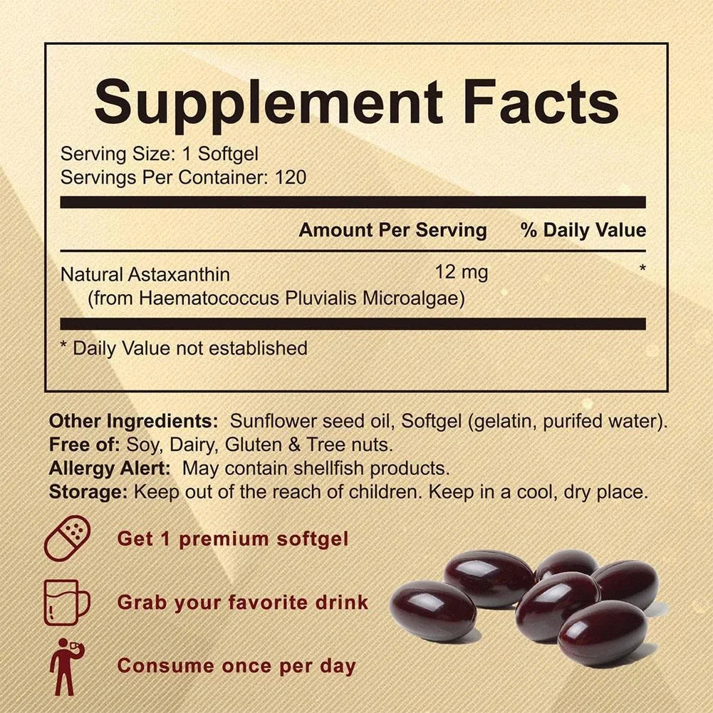 Premium Astaxanthin Capsules Antioxidant Supplements Supports Eye, Joint, Internal Circulation, Skin Health & Natural Tanning