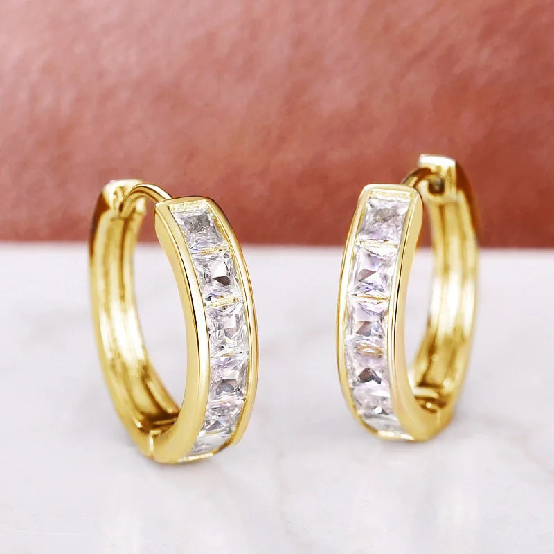 Gold Color Plated Stainless Steel Round Circle Earrings for Women Fashion Cubic Zirconia Hoop Earrings Jewelry Pendientes Mujer