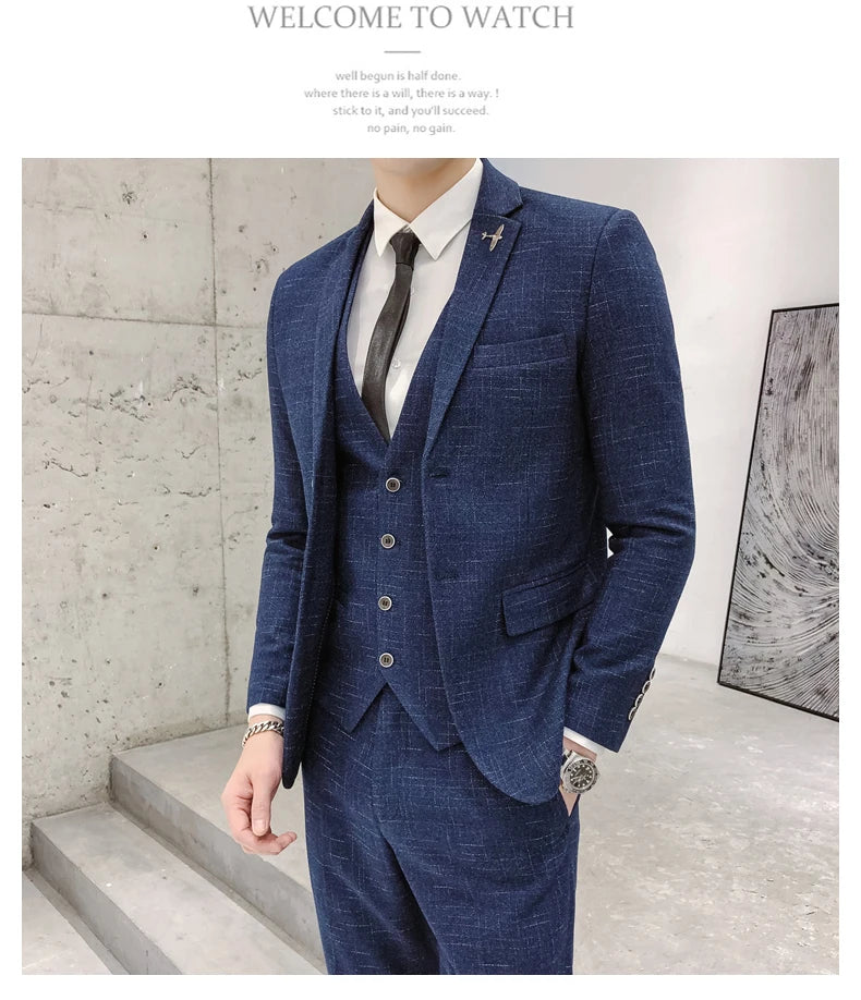 Men's Business Fitted Two-Button Suit Set Fashionable Versatile Trendy Three-Piece Ensemble for Groom Best Man Banquet Dress