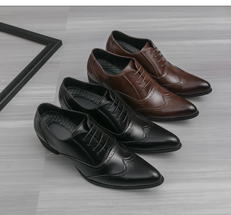 Men's High Heel Business Leather Shoes Mens Pointed Toe Dress Office Flats Men Fashion Wedding Party Oxfords Plus Size 38-46