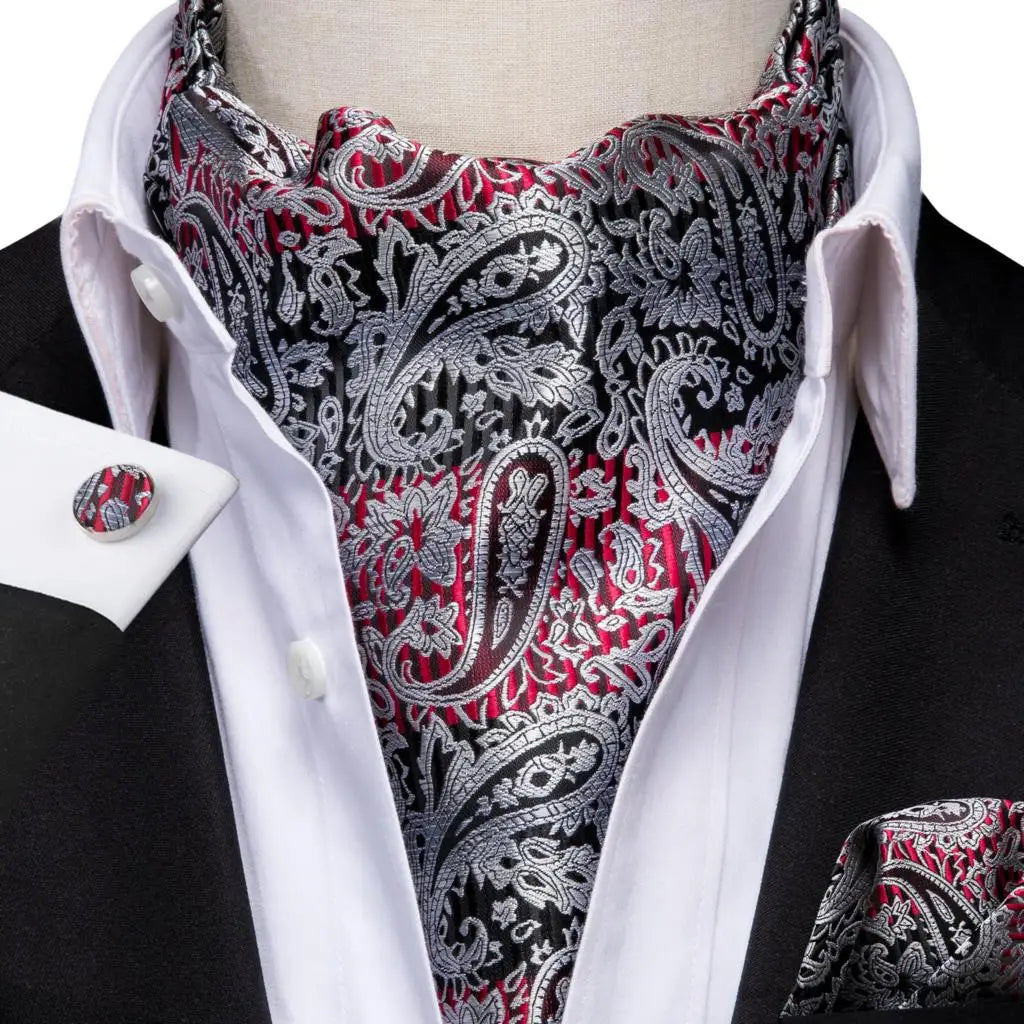 Hi-Tie Mens Ascot Black Pink Blue Red Gold Green Purple White Cravat Tie Hanky Cufflinks for Male Wedding Business Prom