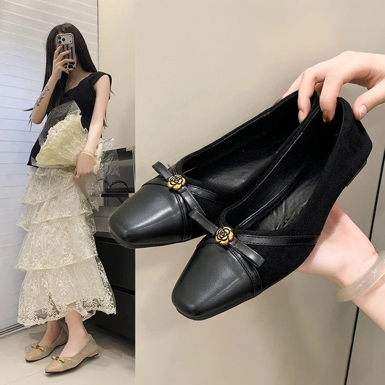 Women's Dance Shoes, Lightweight Breathable Square Toe Bow Flats, PU Leather Office Dress Shoes for Banquet, Date & Party