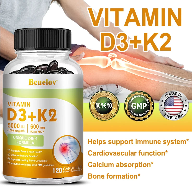 Bcuelov Vitamin D3+K2, 5000 IU Vitamin D3, non-GMO formula, easy-to-swallow vitamin D and K complex dietary supplement