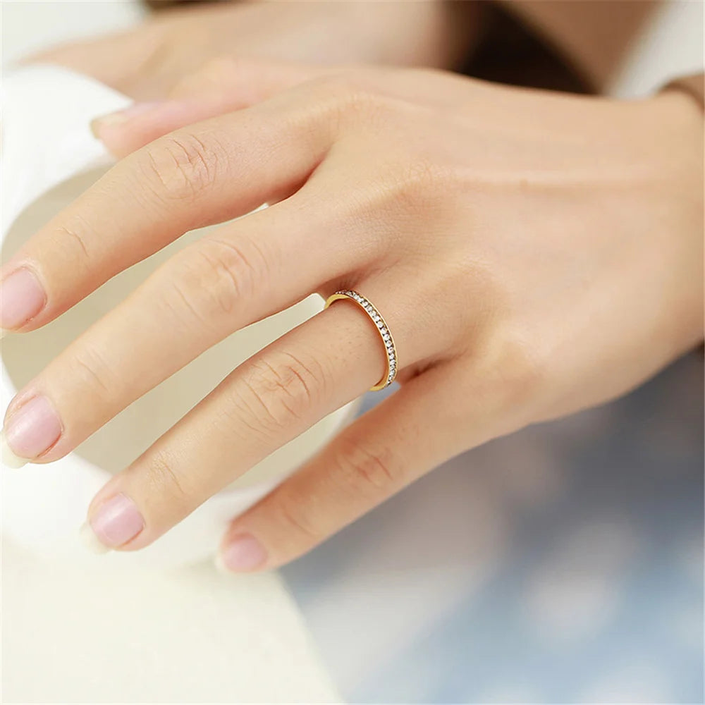 2mm Iced Out Cubic Zirconia Ring Female Gold Silver Color Stainless Steel Wedding Rings for Women Fashion Jewelry Gift
