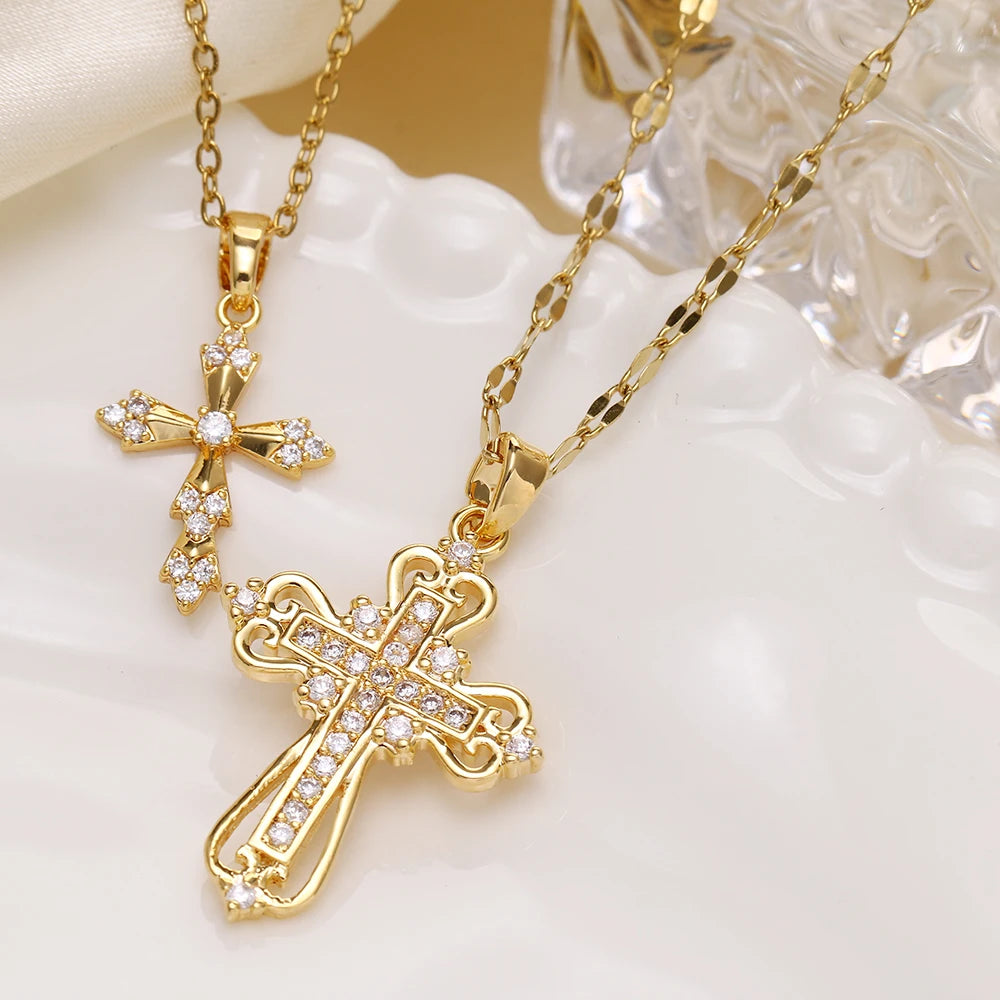 Women's Exquisite Luxury Cross Necklace High-End Zircon Pendant Stainless Steel Collarbone Chain Jewelry Gift