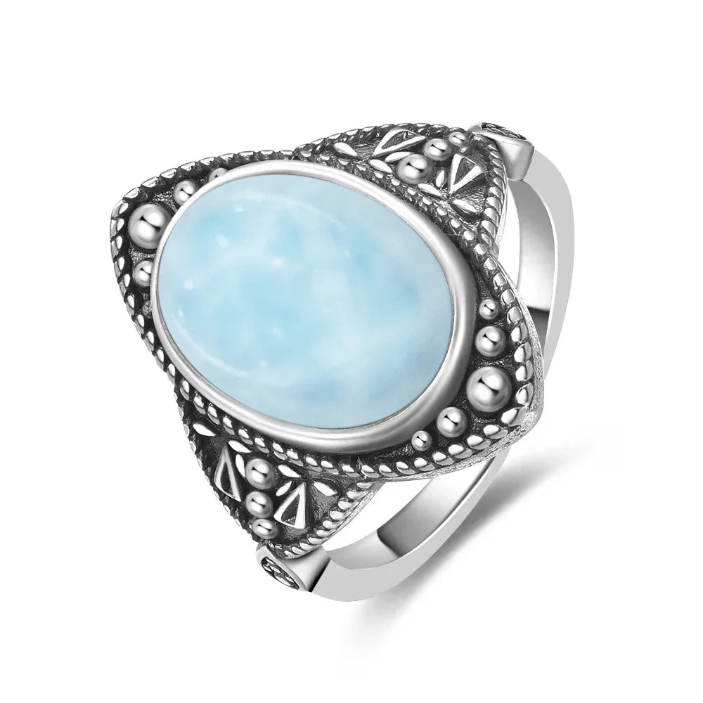 Vintage 925 Silver Ring Natural Larimar Stone Ring Round Flower Shape Sky Blue Summer Ring Fine Jewelry Gift for Men Women