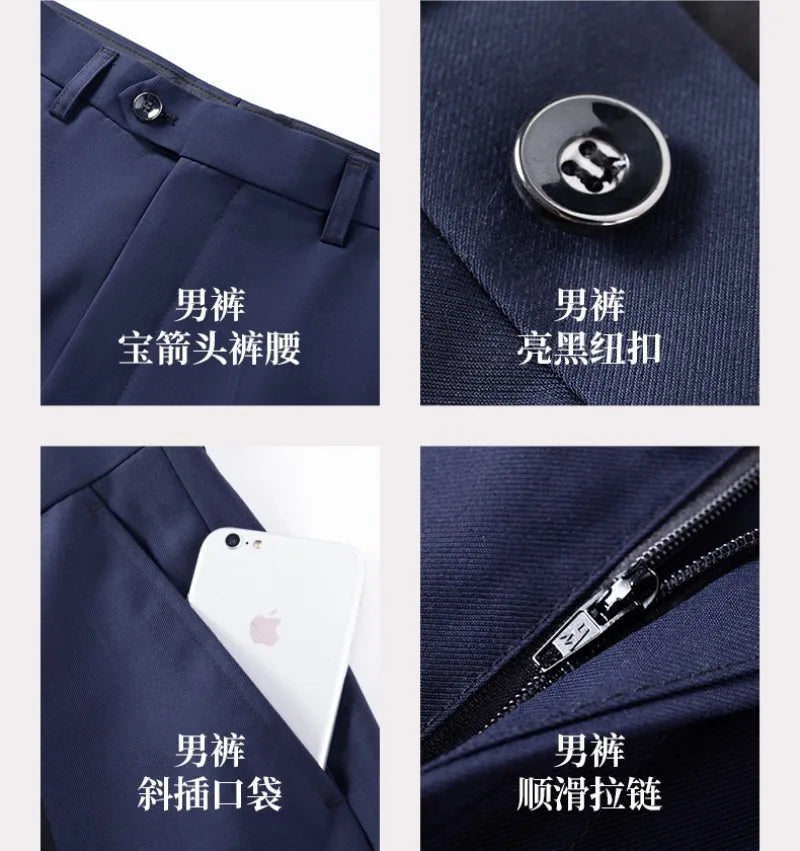 Men's Formal Business Suit Set Black Grey Blue Blazer Pants 2 Piece Work Wear For Office Sales Property 4S Store Staff