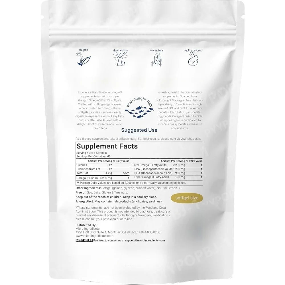 Triple Strength Omega 3 Fish Oil Supplements 4200mg Per Serving 120 Softgels Lemon Flavored Burpless EPA