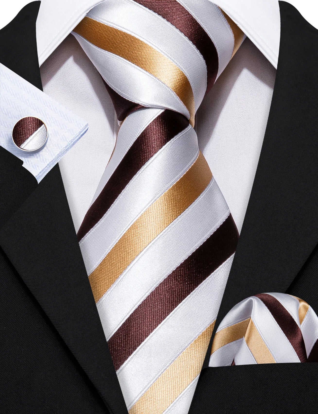 Fashion Khaki Striped Men Silk Necktie Fahsion Tie Handkerchief Cufflinks Sets Male Wedding Business Gift Barry.Wang Stylish