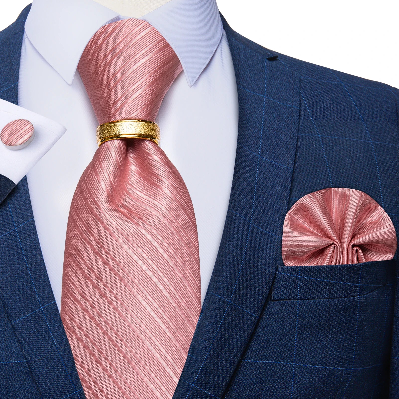 Men Tie with Golden Color Metal Ring Fashion 8cm Tie Set Handkerchief Cufflinks Business Wedding Party Accessories Gift for Men
