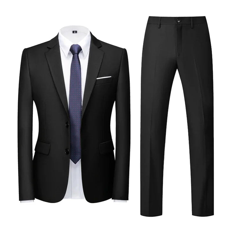 Men's Suit (Blazer+Pants) Fashion Business Casual Slim-fit Wedding Gentleman Solid Color Full Professional Interview Formal Suit