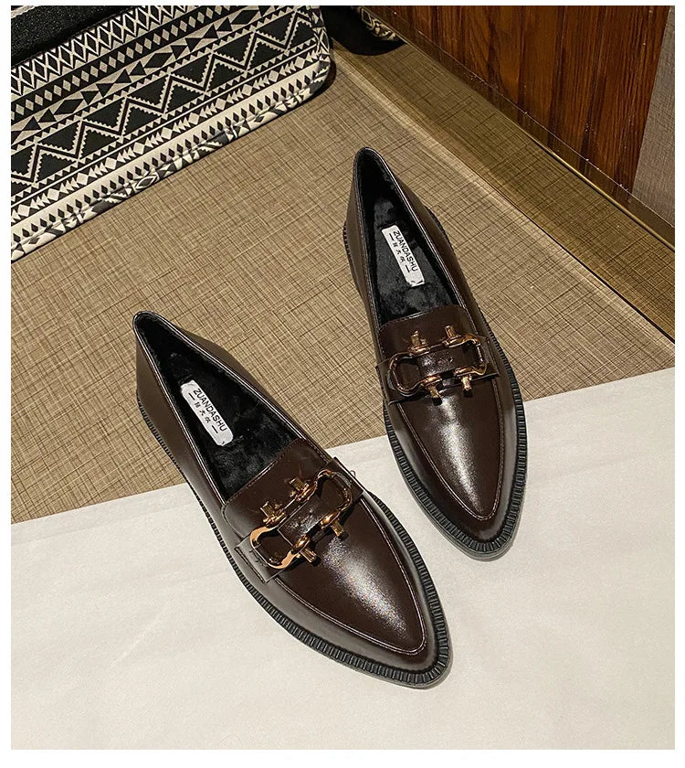 New Women Pointed Toe Leather Casual Shoes British Style Dress Shoes Fashion Cool Slip-on Loafers