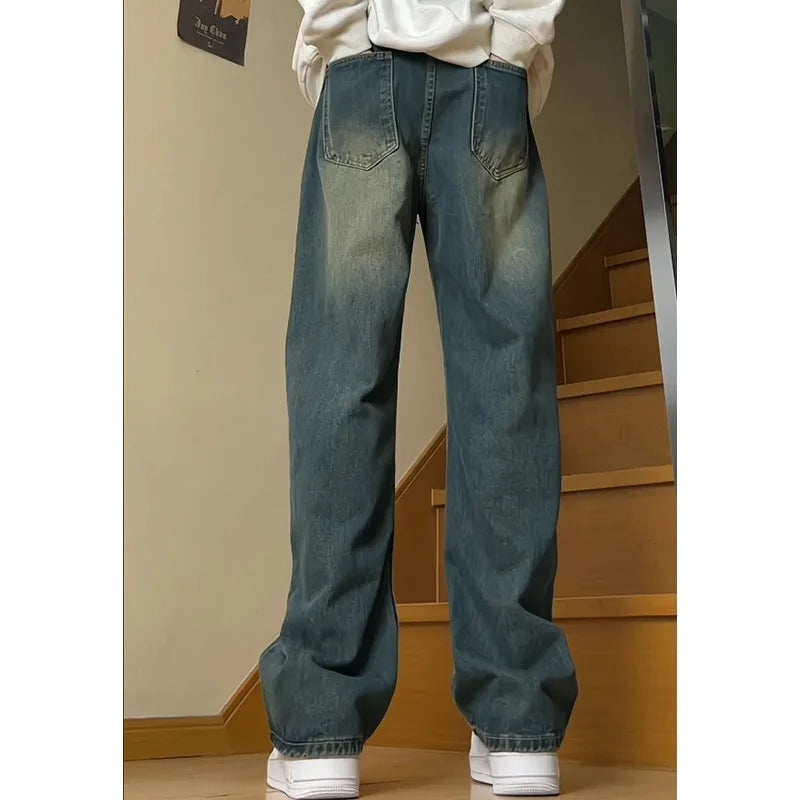 Mens Jeans Man Pants Vintage American Washed Distressed Loose Fit Casual Denim Trousers For Men