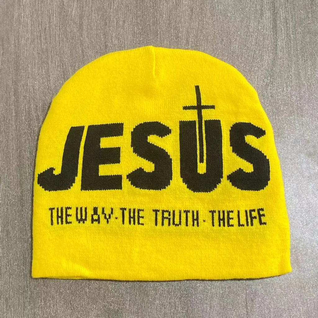 Y2k Women Jacquard Alphabet JESUS Knit Beanies Hat Men Letter Winter Fashion Kpop Goth Warm Hip Hop Thermal Unisex Pullover Hat