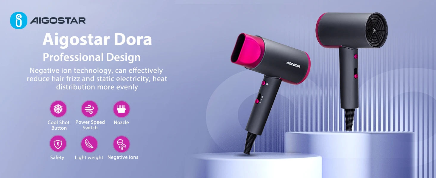 Aigostar Professional Hair Dryer, 2200W Hair Dryer, Negative Ion Technology, 2 Speed, 2 Heat and Cold Air Settings, Lightweight