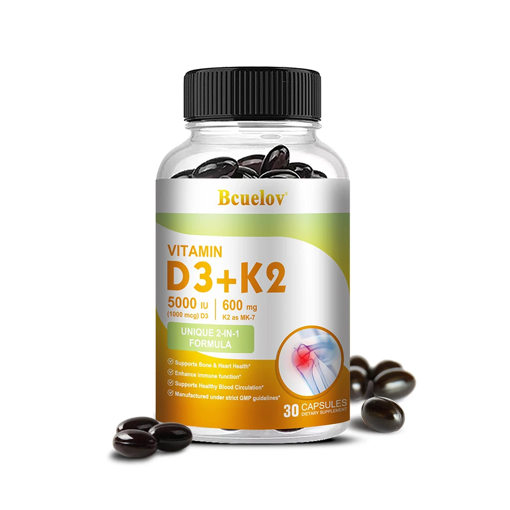 Bcuelov Vitamin D3+K2, 5000 IU Vitamin D3, non-GMO formula, easy-to-swallow vitamin D and K complex dietary supplement