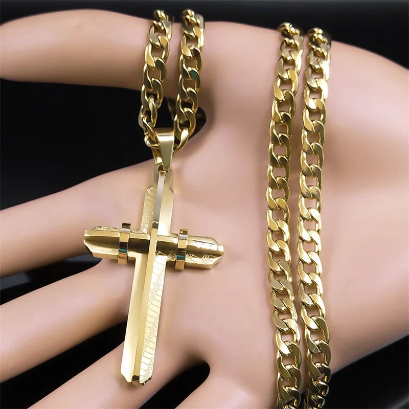 Men's Cross Male Crucifix Long Necklace for Women Stainless Steel Gold Plated Christian Long Necklaces Biker Jewelry N2341S03