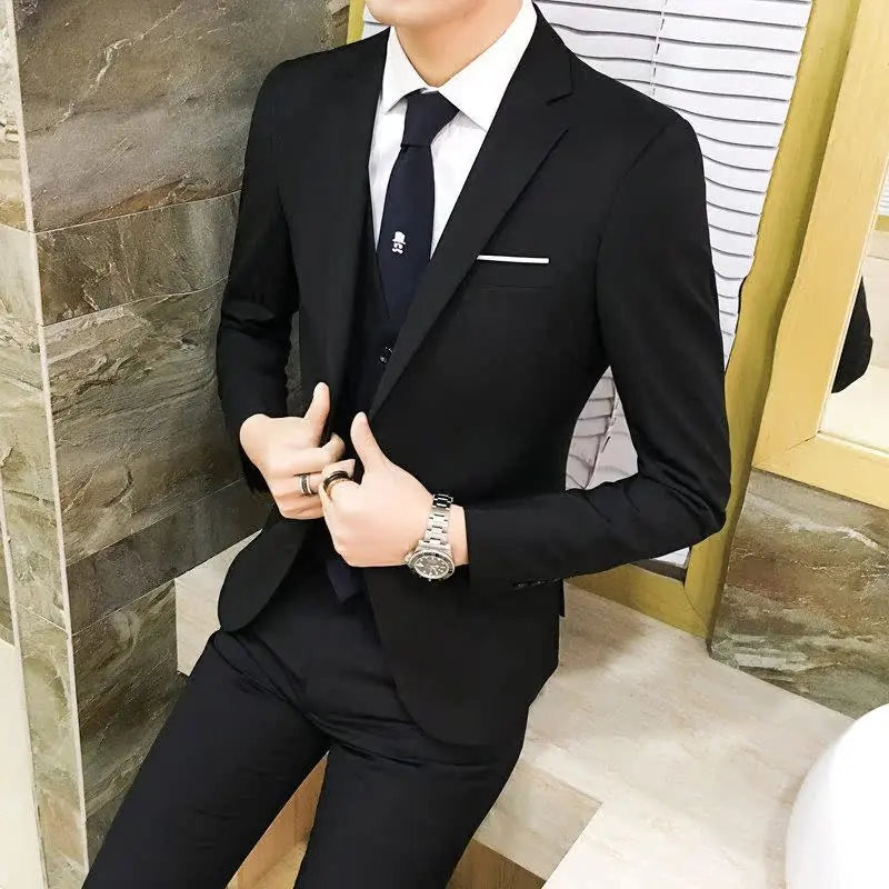 Men's Three-Piece Suit Set Business Formal Tailored Wedding Groomsmen Dress Spring Fashion Urban Polyester Blend Standard Fit