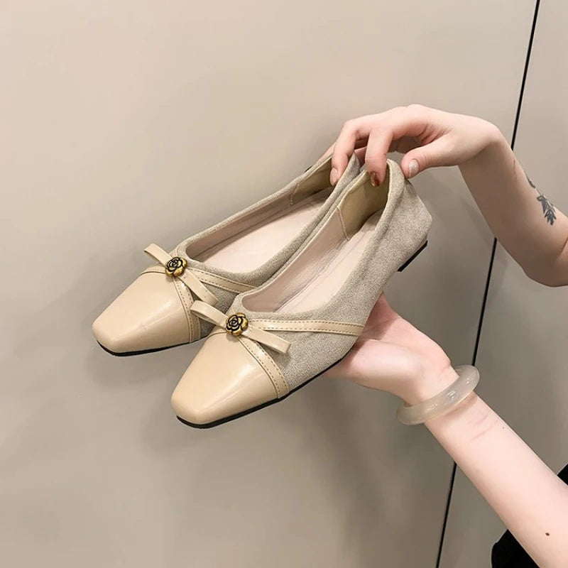 Women's Dance Shoes, Lightweight Breathable Square Toe Bow Flats, PU Leather Office Dress Shoes for Banquet, Date & Party
