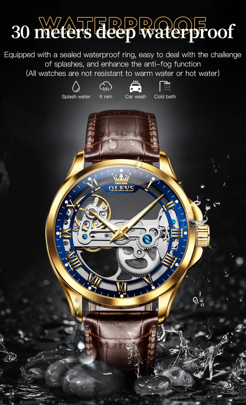 OLEVS 6661 Top Brand Men's Watches Fashion Hollow Flywheel Automatic Mechanical Wristwatch Waterproof Luminous Leather Strap