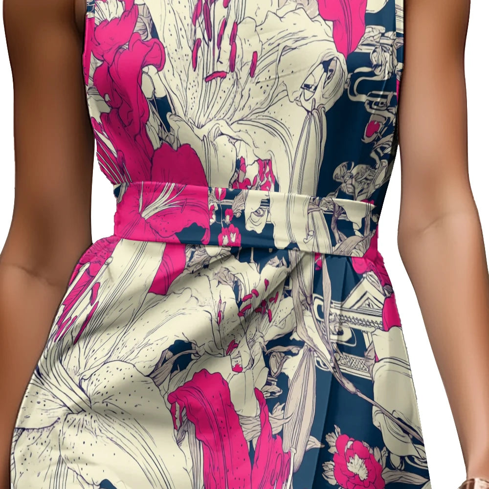 Elegant Floral Dress for Women Breathable A-Line Sleeveless Dress Chic Blue & White with Pink Blooms Office To Vacation Dress