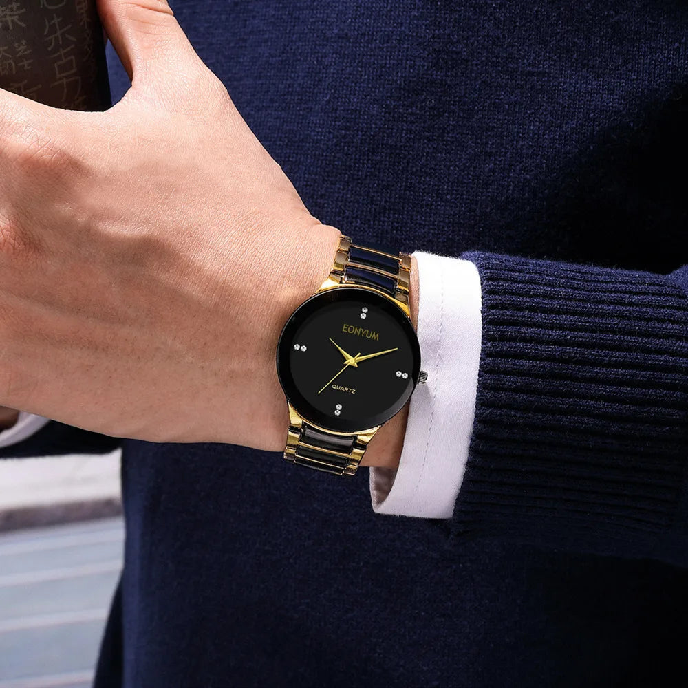 Classic Fashion Men's WristWatches, Trendy Stainless Steel Luxury Exquisite Clock Golden Black Quartz Watch Hot Sale Relojes