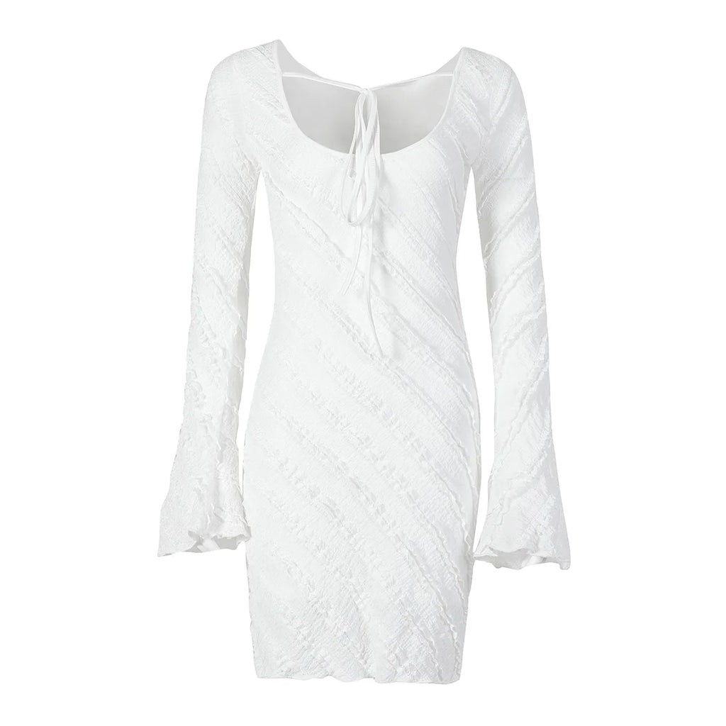 Women's Dress, White Knitted Fabric, Boat Collar A-word Short Skirt, Backless Lace-up.