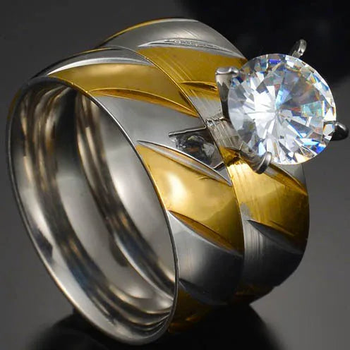 Couple Rings - Women Exquisite Rhinestones Zirconia Rings Set Simple Stainless Steel Men Ring Fashion Jewelry For Lover Gifts