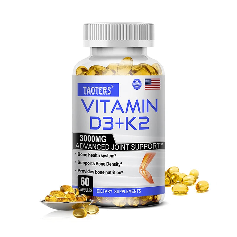 Vitamin D3+K2 Capsules - Helps Regulate Calcium Metabolism and Supports Teeth, Bones, Heart Health, Joint Health, and Immunity