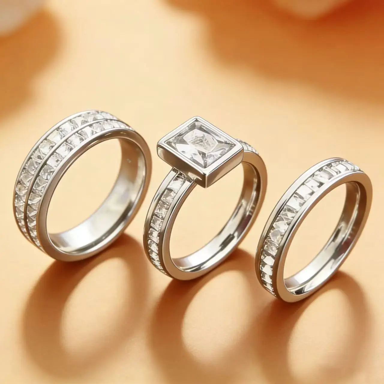 3PCS Set Gold Plated Zirconia (CZ)  Wedding Engagement Band Stainless Steel Ring For Women Classic Jewelry Accessories Gift