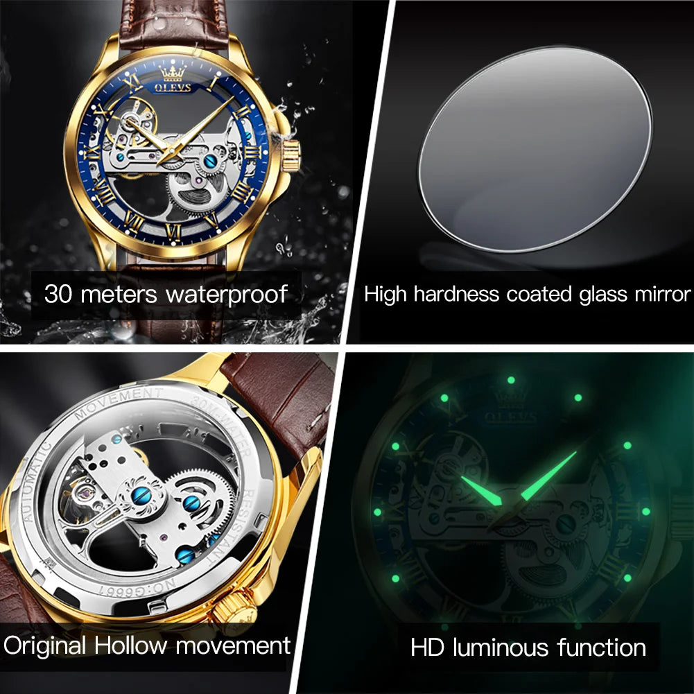 OLEVS 6661 Top Brand Men's Watches Fashion Hollow Flywheel Automatic Mechanical Wristwatch Waterproof Luminous Leather Strap