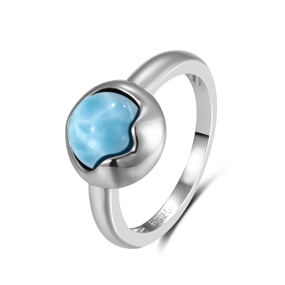 Vintage 925 Silver Ring Natural Larimar Stone Ring Round Flower Shape Sky Blue Summer Ring Fine Jewelry Gift for Men Women