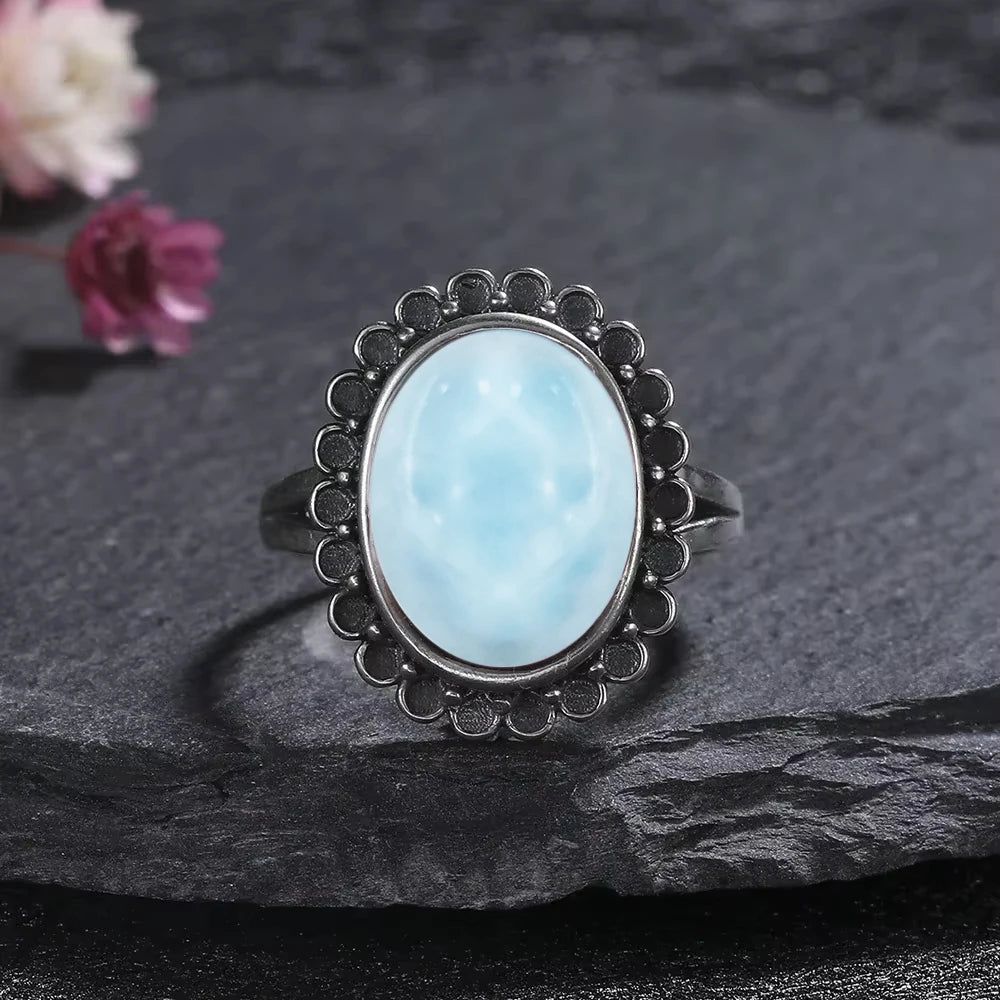 Vintage 925 Silver Ring Natural Larimar Stone Ring Round Flower Shape Sky Blue Summer Ring Fine Jewelry Gift for Men Women