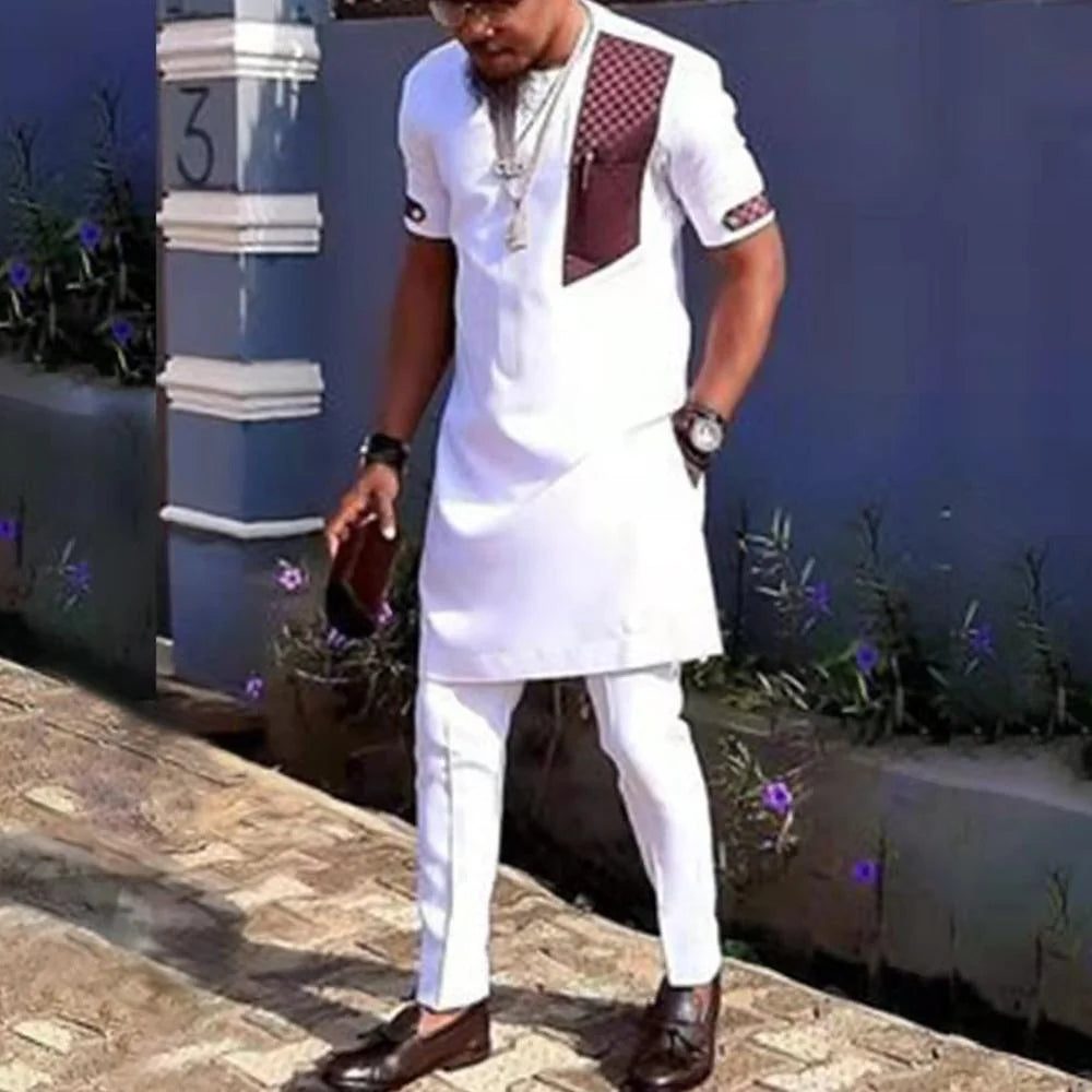 African traditional dress men's suit Long sleeve ethnic style printed patchwork shirt casual pants 2 piece holiday casual suit