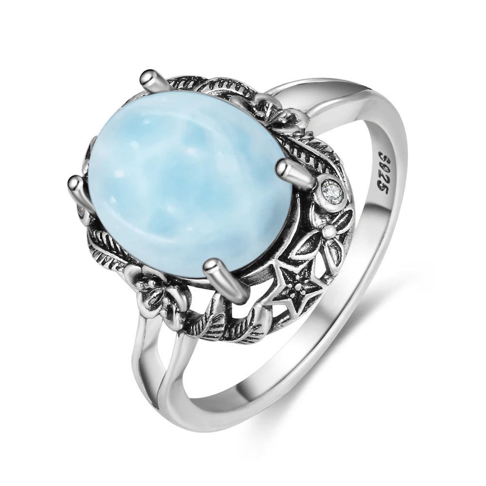 Vintage 925 Silver Ring Natural Larimar Stone Ring Round Flower Shape Sky Blue Summer Ring Fine Jewelry Gift for Men Women