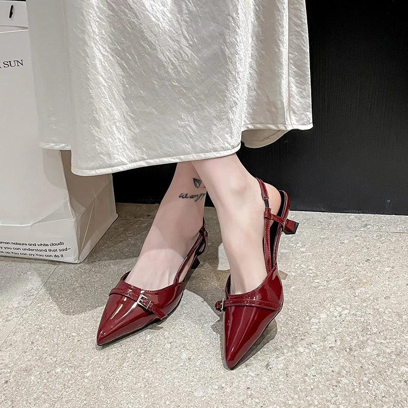2026 New Summer Women's Dress Shoes Patent Leather Slip on Pointed Toe Sandals Buckle Slingbacks Mid Heels Pumps Sandalias Mujer