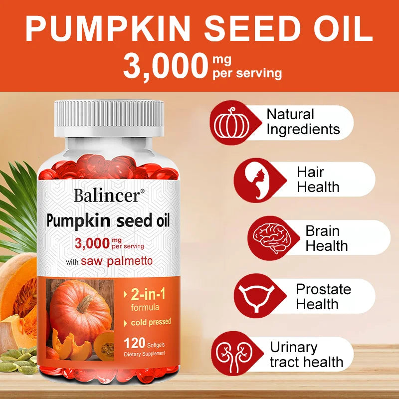 Virgin Pumpkin Seed Oil 3,000mg with Saw Palmetto, Rich in Omega 6 & 9 Essential Fatty Acids, Prostate & Bladder Supplement