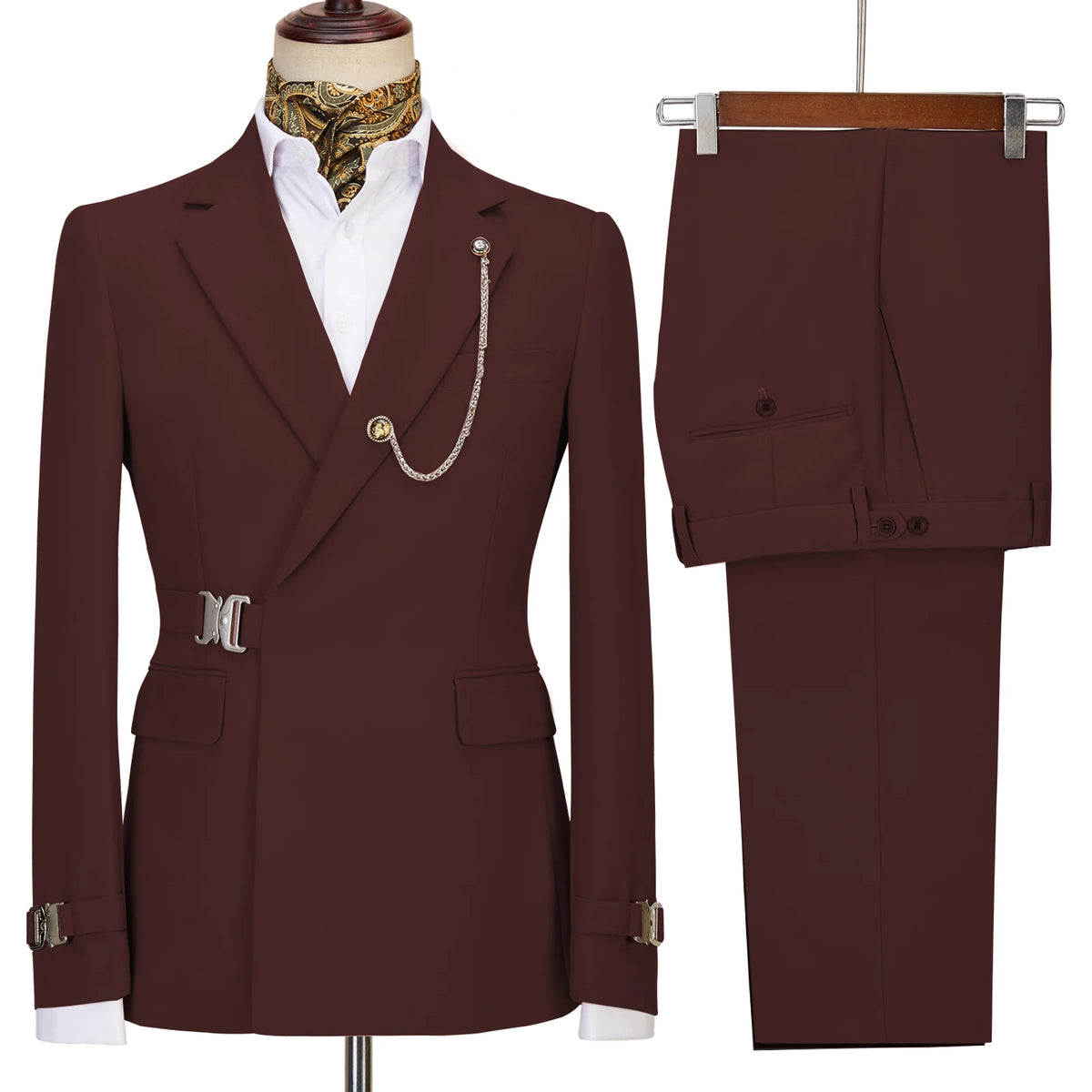 Elegant Men's Suit 2 Pieces Fashion Metal Buckle Jacket Boutique Business Casual Suit Coat Groom Wedding Dress (Blazers+Pants)