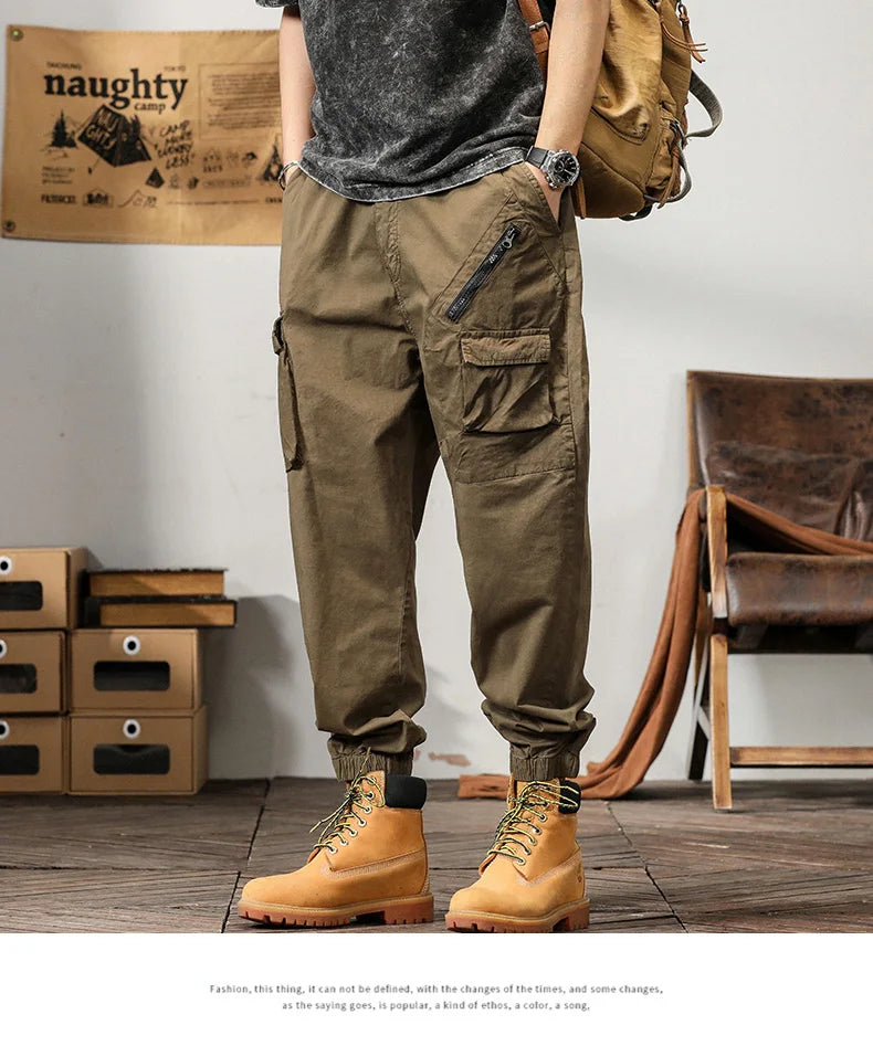 Man's Cargo Pants High Waist Casual Ninth Pants Fashion Slim High Street Straight Workwear Trousers Trend Streetwear Binding leg