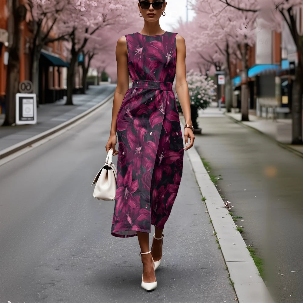 Elegant Floral Dress for Women Breathable A-Line Sleeveless Dress Chic Blue & White with Pink Blooms Office To Vacation Dress