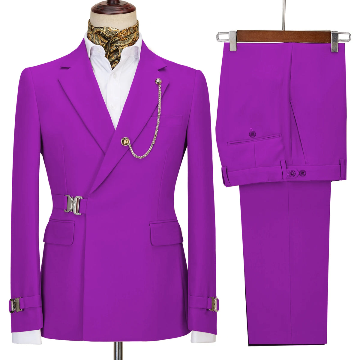 Elegant Men's Suit 2 Pieces Fashion Metal Buckle Jacket Boutique Business Casual Suit Coat Groom Wedding Dress (Blazers+Pants)
