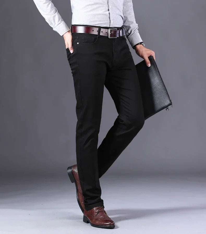 Men's Jeans Pure White Fashion Elastic Slim Youth Slimming Straight Leg Male Pants Business Casual Middle Age High End Trousers