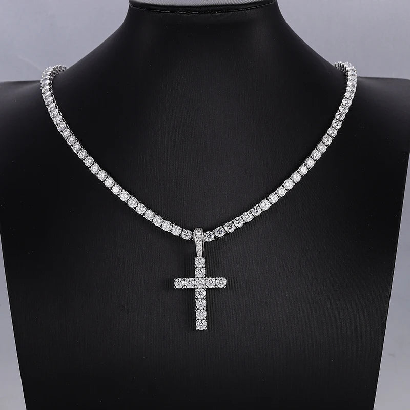 Provence Moissanite Cross Neclace for Women S925 Link Chain 4mm D Color VVS1 Tennis Necklace for Ladies Silver Cross Pendant