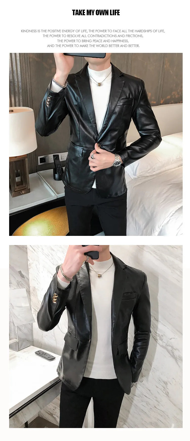 Men Casual Black White Suit Leather Jacket /Men Solid Color Business Suit Collar PU Blazers Dress Coat Fashion /New Men Clothing