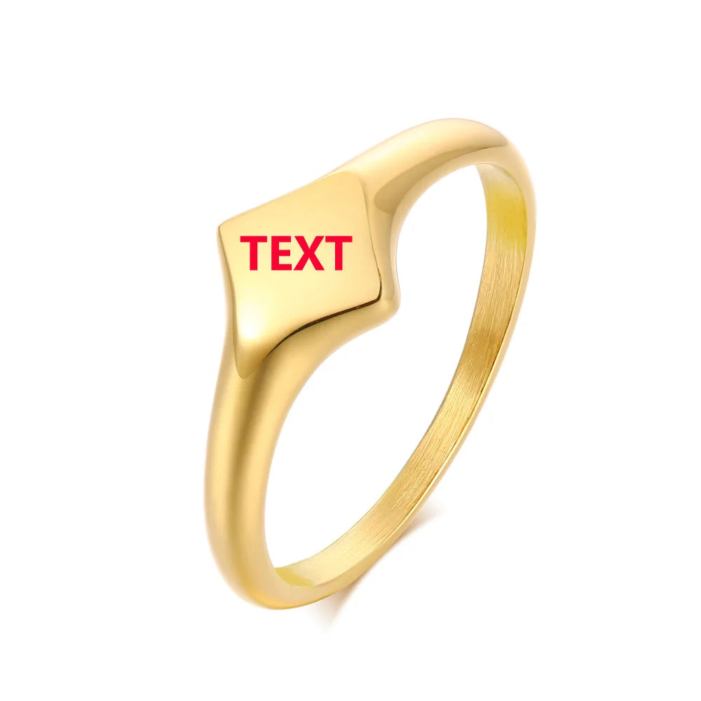 Elegant Personalized Name Bar Ring for Women Gold Color Stainless Steel Signet Stamp Ring Round Square Initial Custom Jewelry