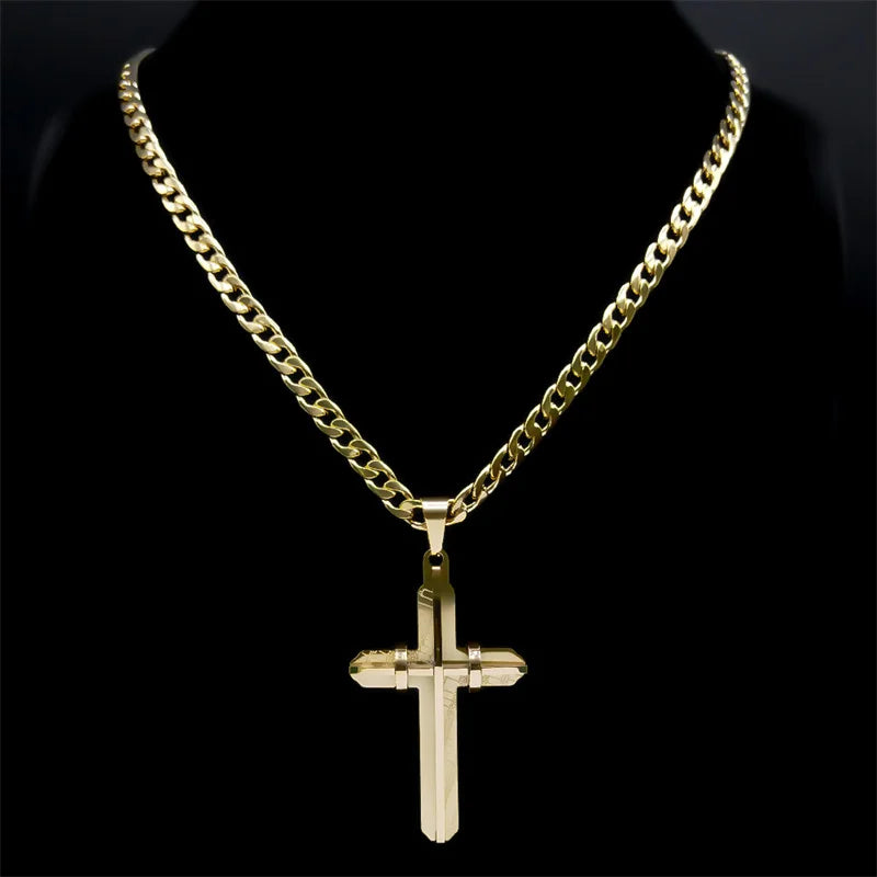 Men's Cross Male Crucifix Long Necklace for Women Stainless Steel Gold Plated Christian Long Necklaces Biker Jewelry N2341S03