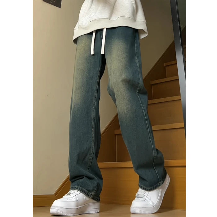 Mens Jeans Man Pants Vintage American Washed Distressed Loose Fit Casual Denim Trousers For Men